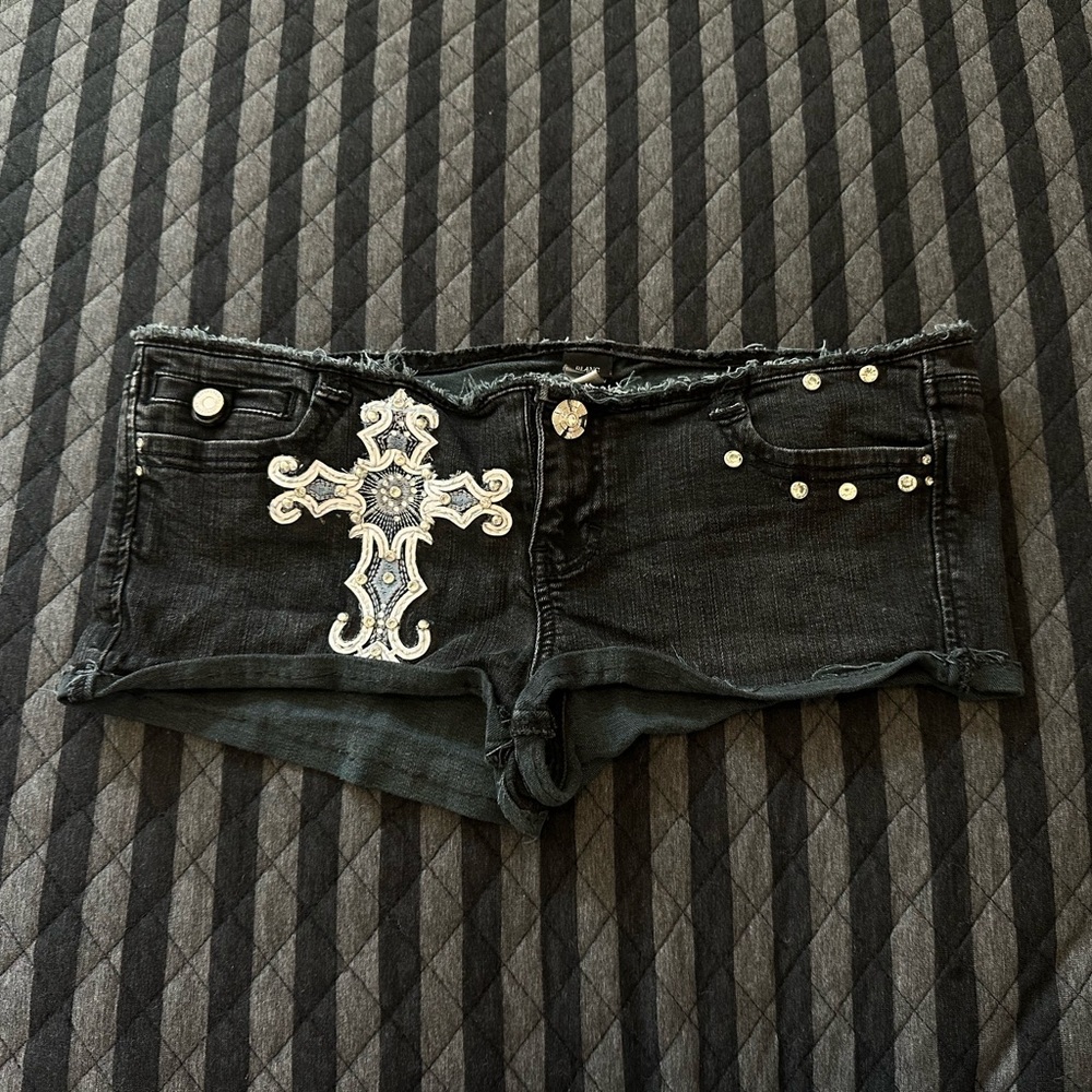 Black Denim Shorts with Cross Embellishment